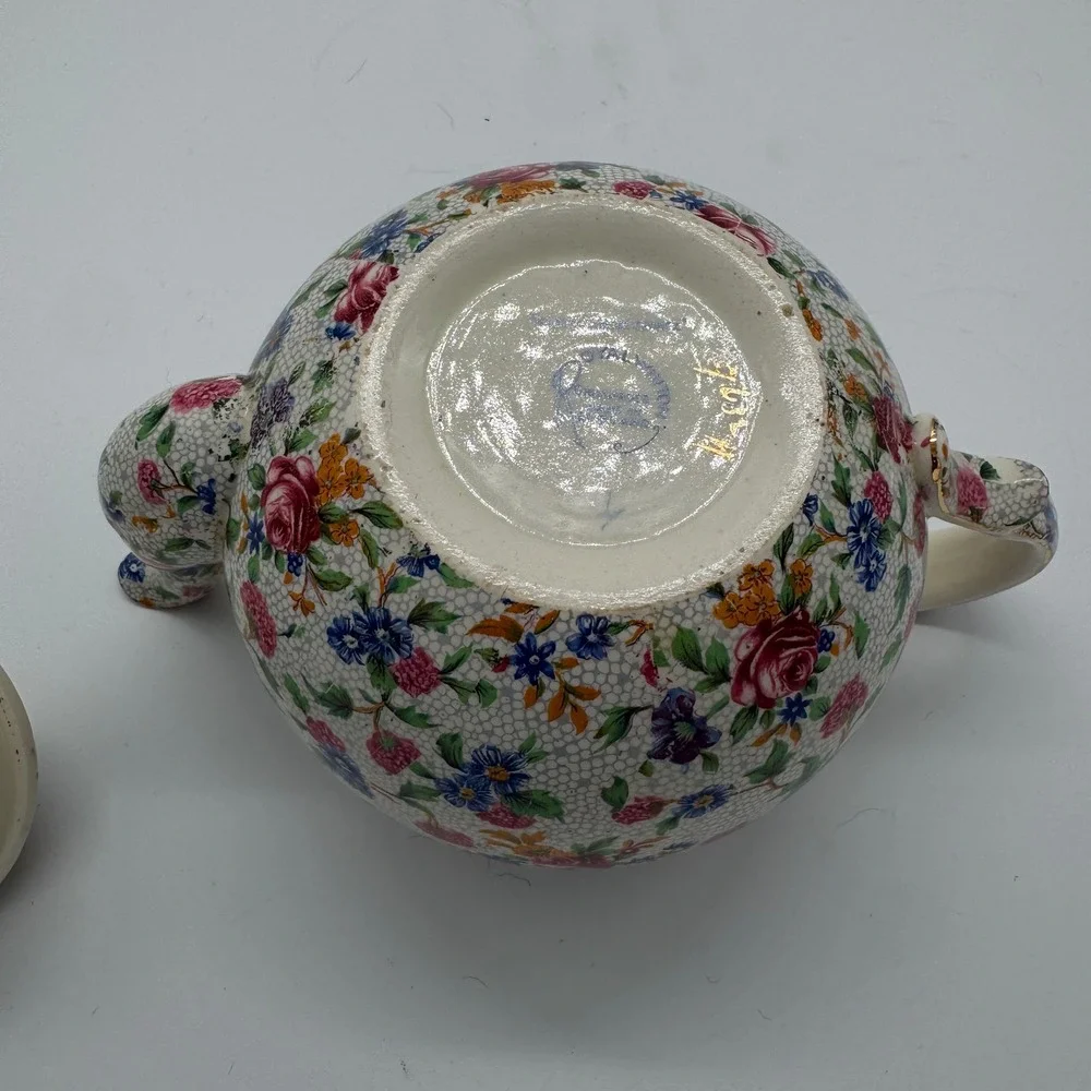 Royal Winton Grimwades Old Cottage Chintz Teapot Bird Finial Gold Trim Floral